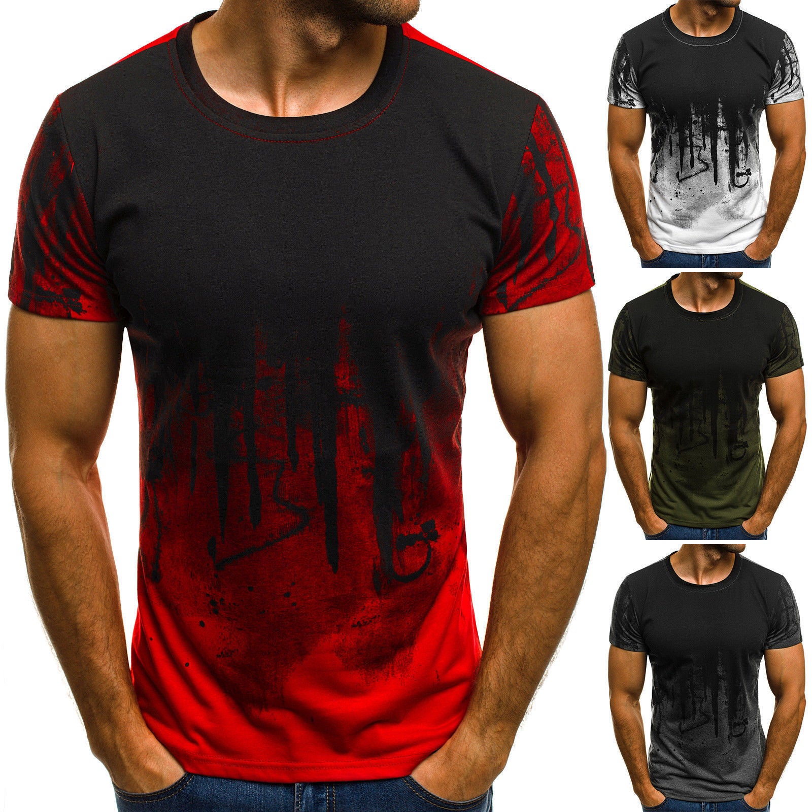 E-BAIHUI Men Fitness Compression T-Shirt Casual Cotton Black And Red Gradient High Quality Slim Shirt Men Fashion Tee Tops CG002